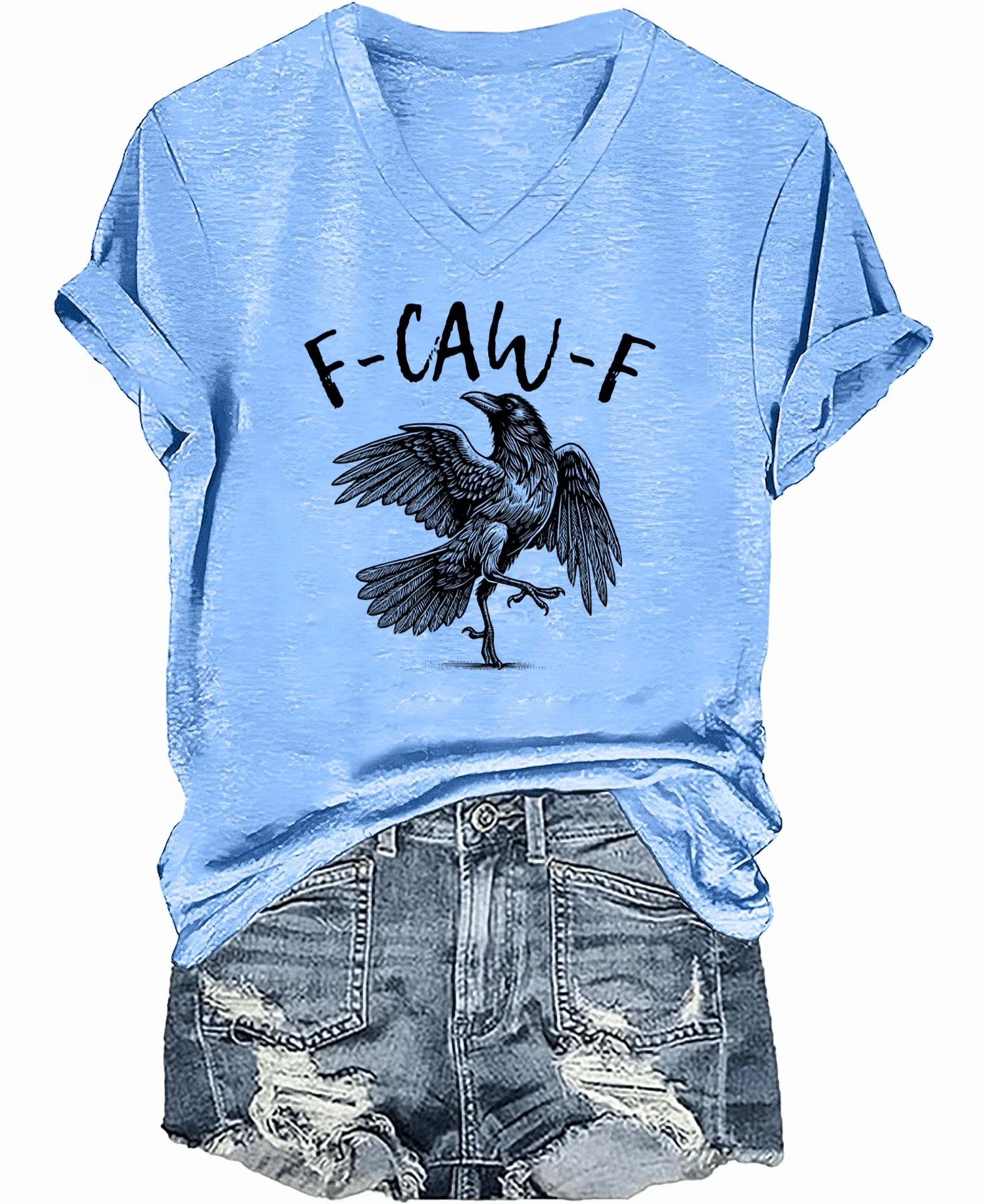 Flying Raven Graphic V-Neck Short Sleeve T-Shirt for Women