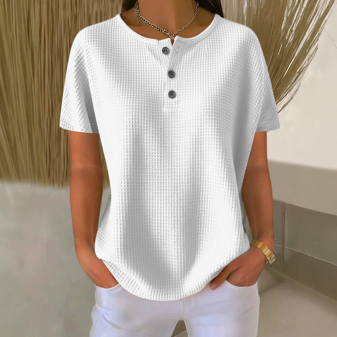 Waffle Knit Crewneck Short Sleeve Pullover Top Solid Color