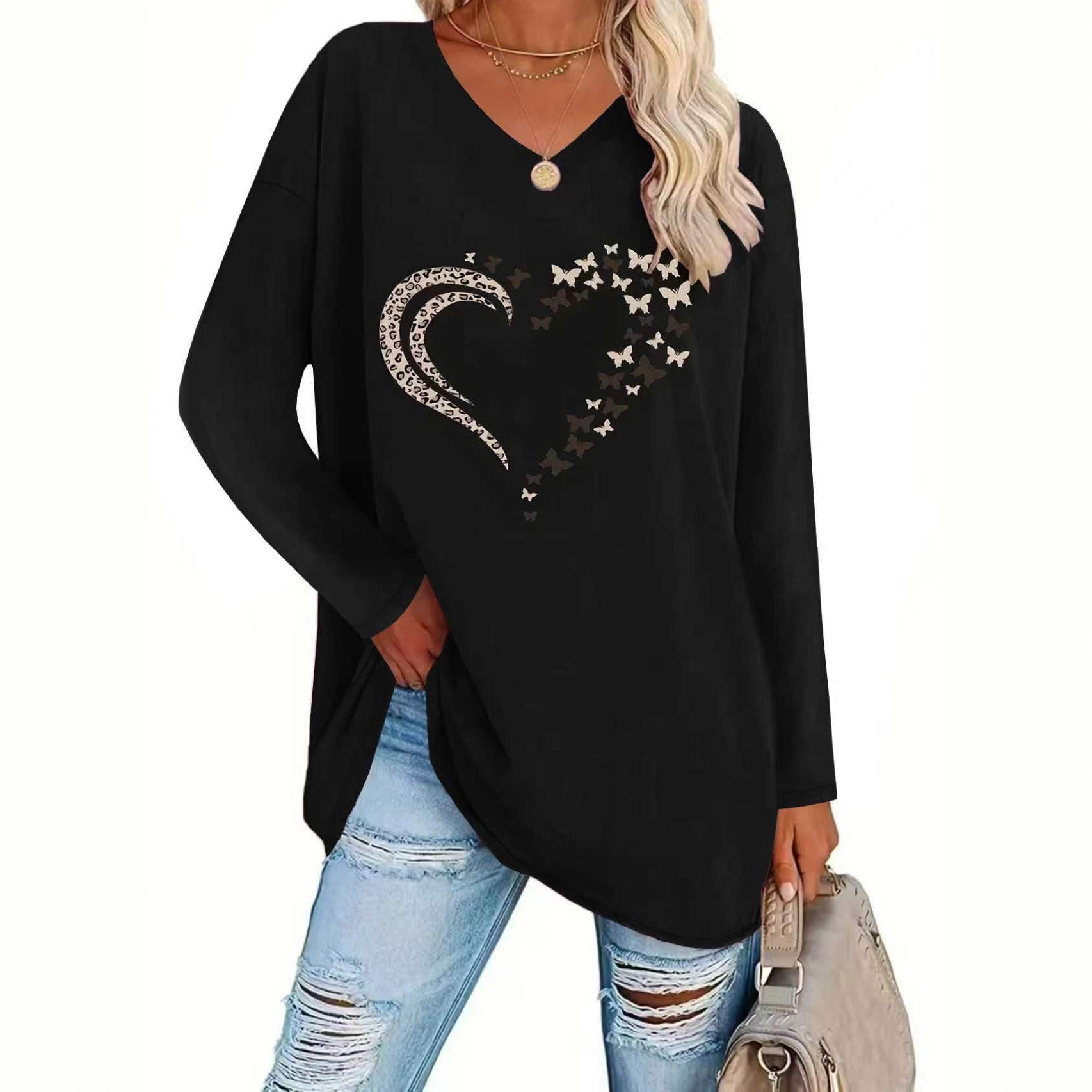 Women's Leopard Heart Butterfly Print Loose V-Neck Long Sleeve Top