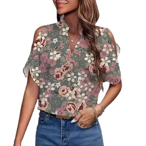 Floral V-Neck Cold-Shoulder Blouse