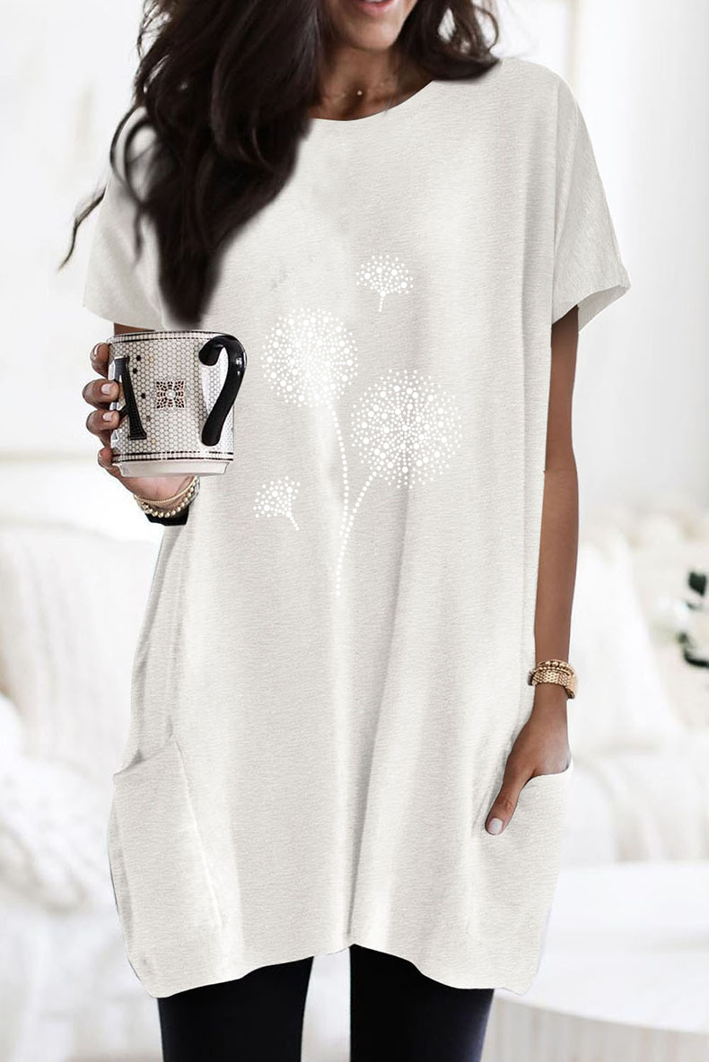 Side Pocket Dandelion Print Short Sleeve Loose Long T-Shirt