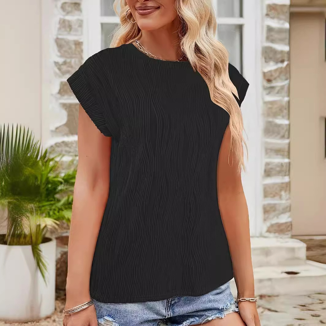 Women's Summer Casual Crewneck Short Sleeve Textured Solid Color Pullover T-Shirt