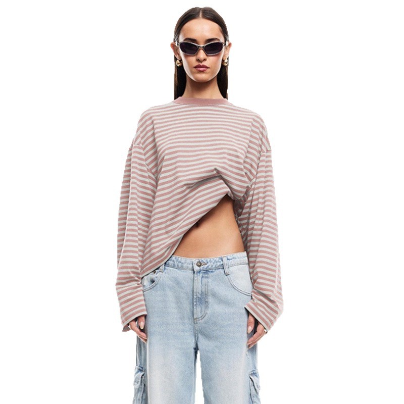 Korean Lazy Style Loose Crewneck Long Sleeve Striped T-Shirt
