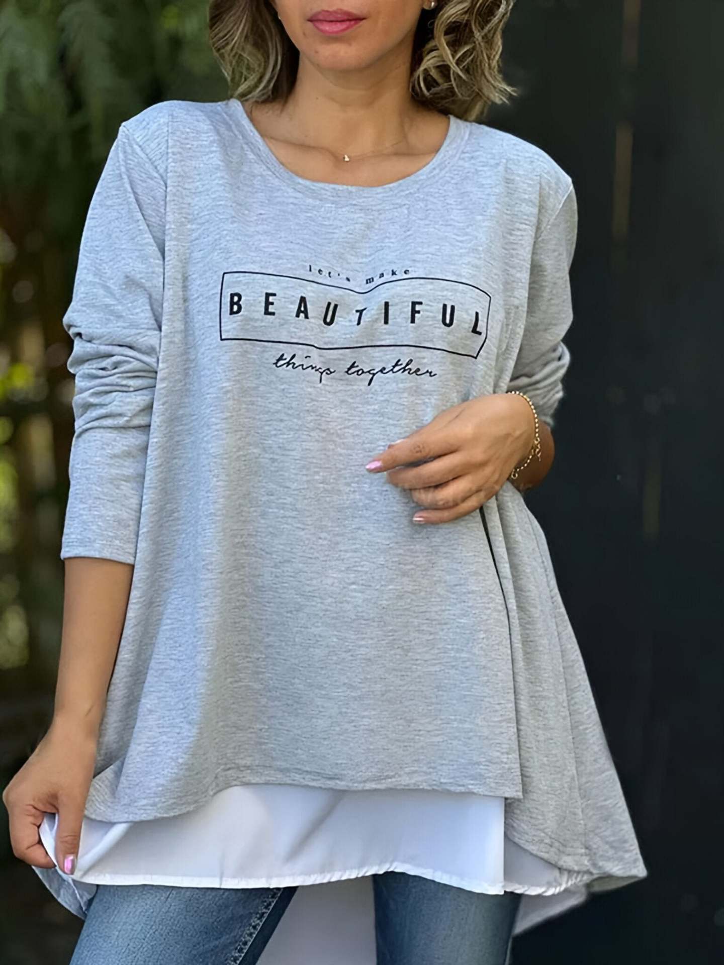 Women's Round Neck Faux Two-Piece Back Button Letter Long Sleeve Top