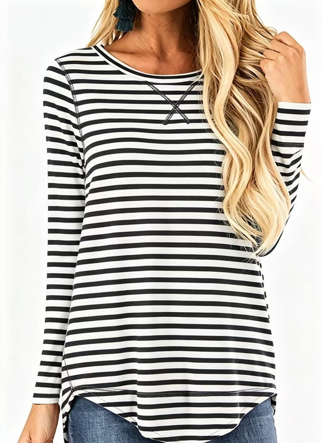 Women's Crewneck Long Sleeve T-Shirt Solid Loose High-Low Hem Casual Top