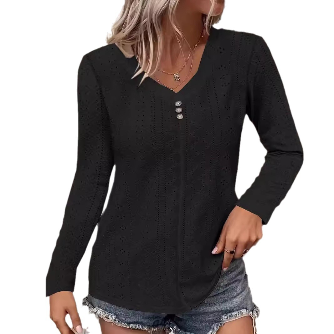 Women's Solid V-Neck Button-Detail Long-Sleeve T-Shirt