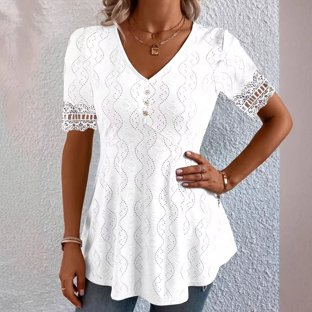 V-Neck Jacquard Lace Hollow-Out Waist-Cinched Short Sleeve Top