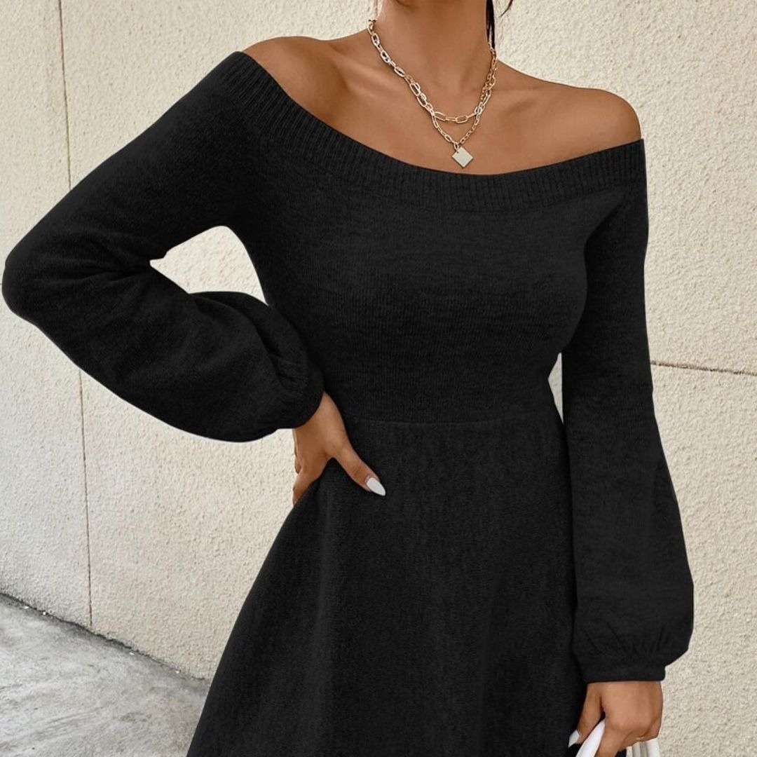 Double-Faced Knit Off-Shoulder Slim-Fit Solid Dress with Waist
