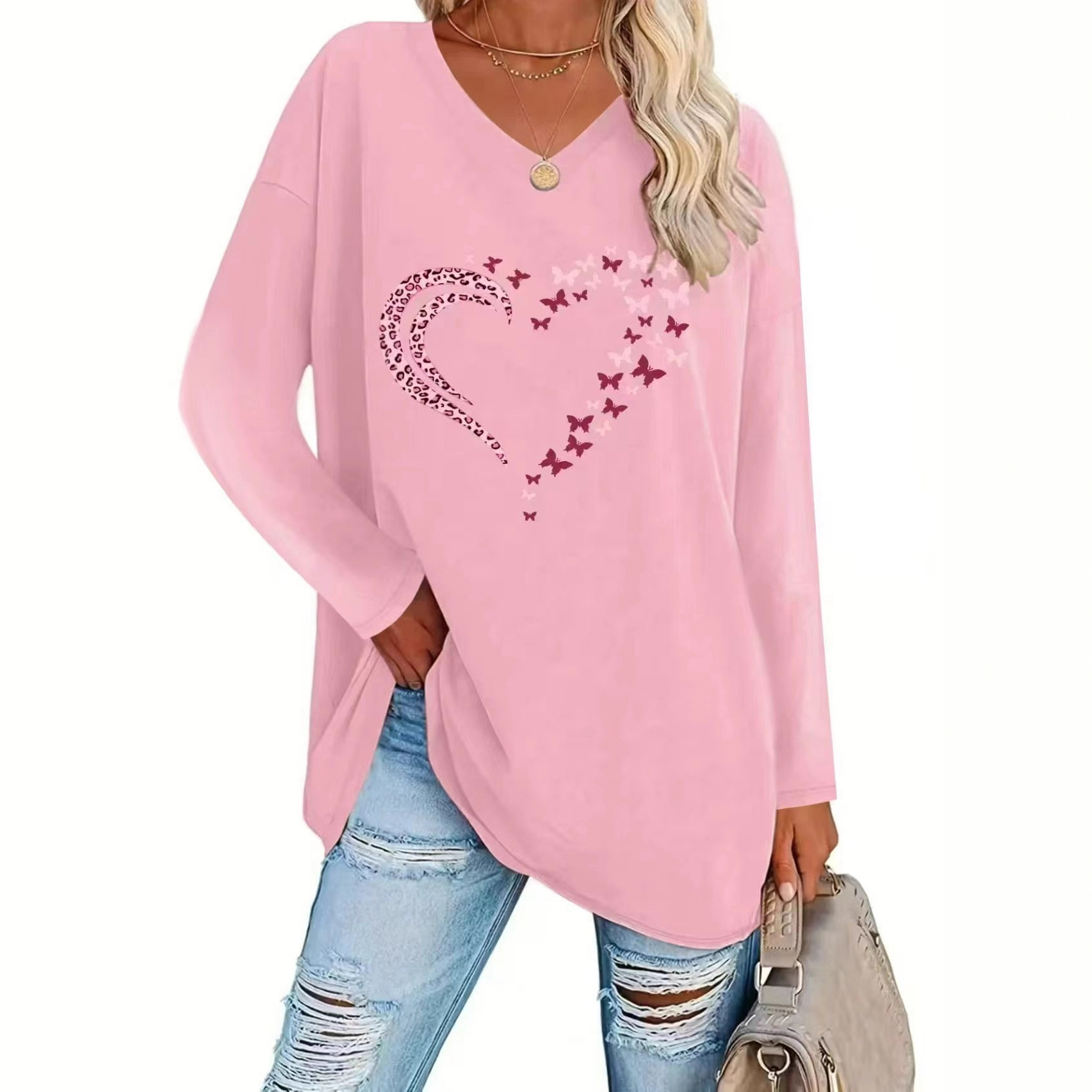 Women's Leopard Heart Butterfly Print Loose V-Neck Long Sleeve Top