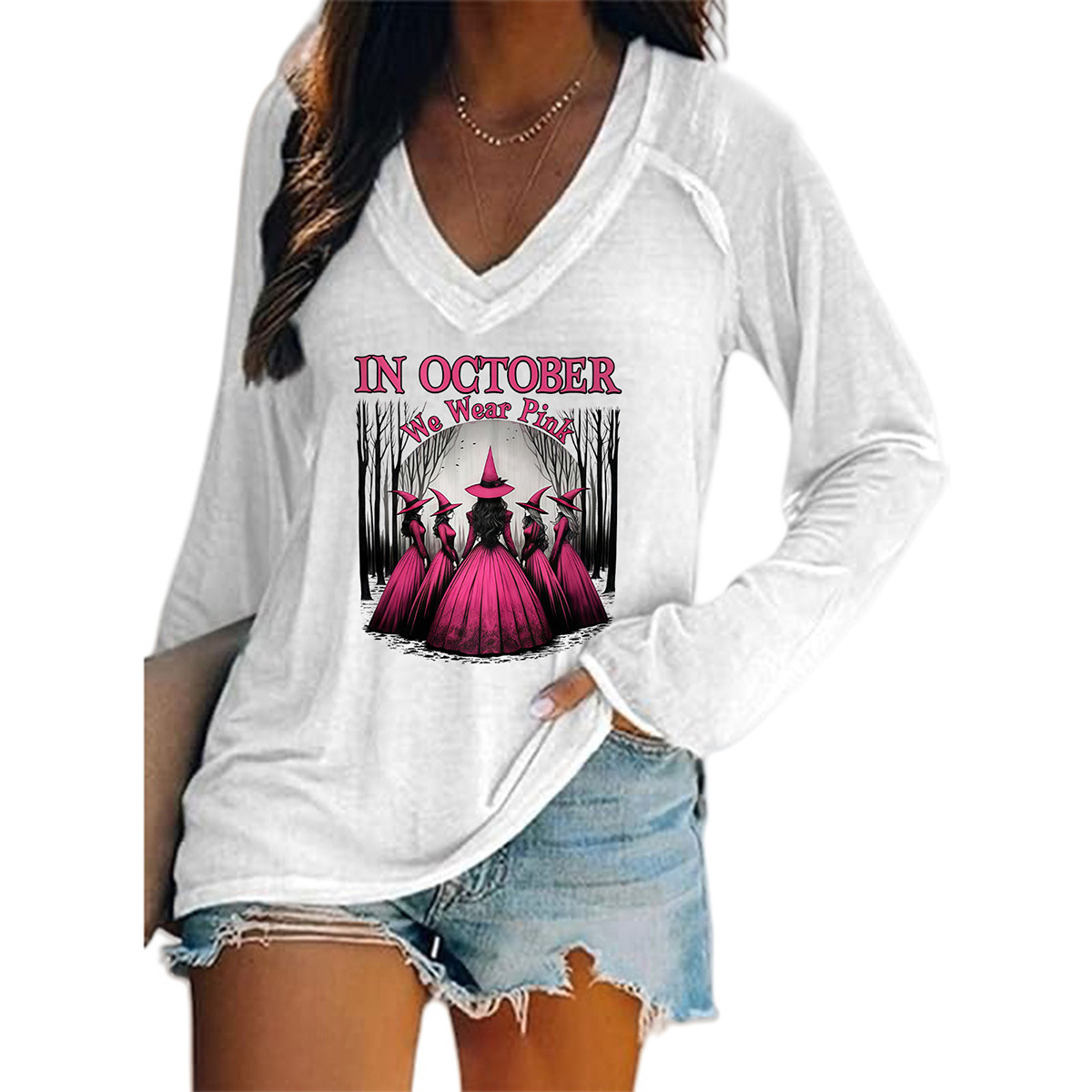 Women's Halloween Witch Hat Print V-Neck Long Sleeve T-Shirt