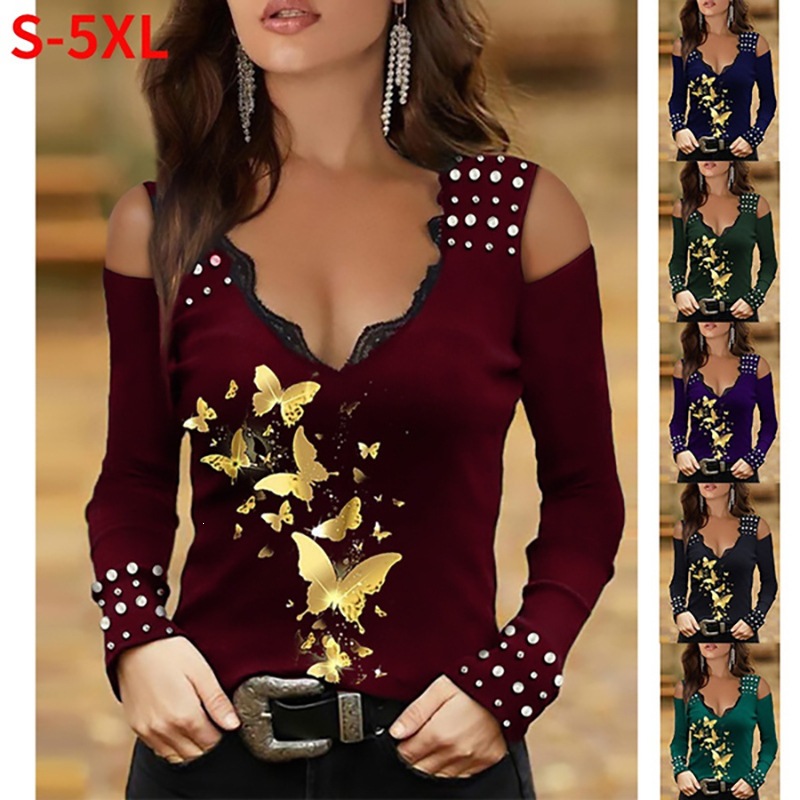 Women's Lace V-Neck Off-Shoulder Gold Butterfly Print Long-Sleeve T-Shirt