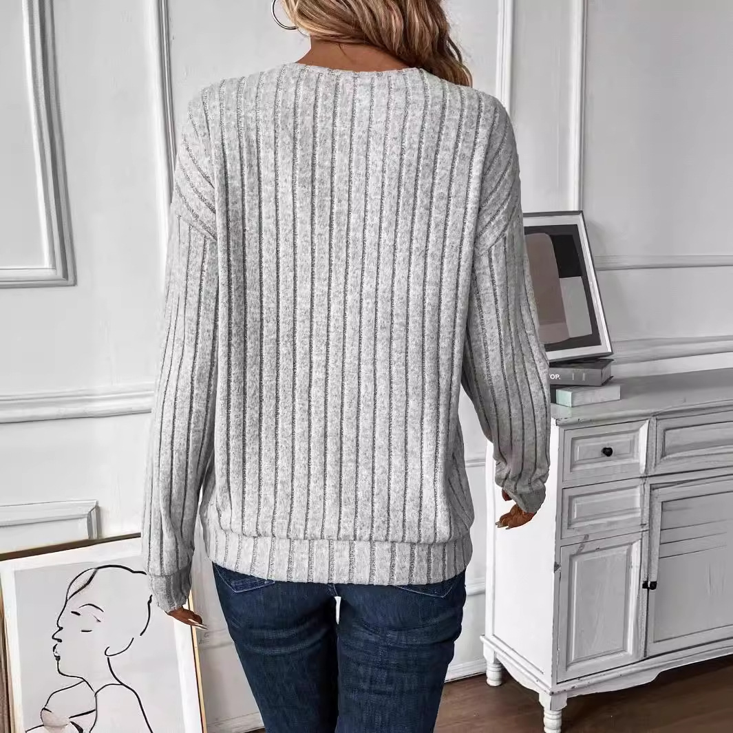 Long Sleeve V-Neck Knit T-Shirt Casual Solid Color Top for Women