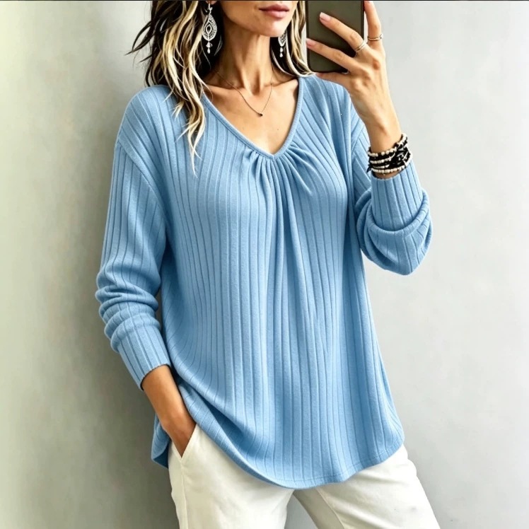 V-Neck Ribbed Brushed Long-Sleeve Loose Casual Top for Women
