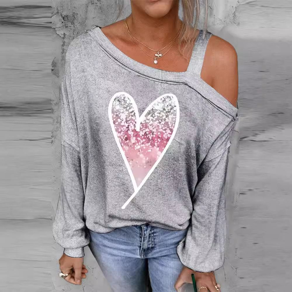 Women's One-Shoulder Heart Print Long-Sleeve Loose Top