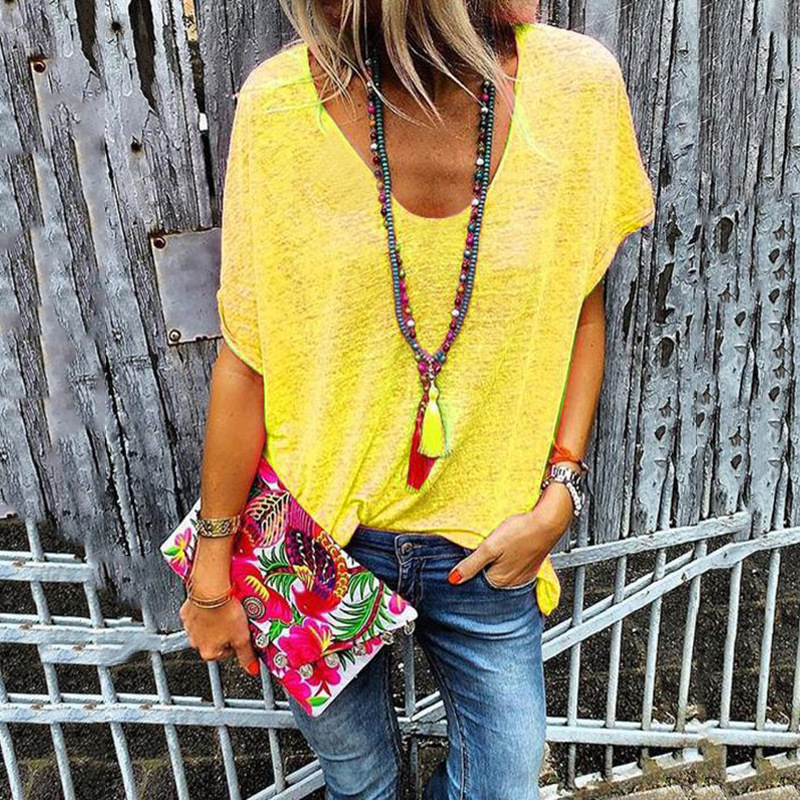 Candy Color V-Neck Short Sleeve T-Shirt for Women