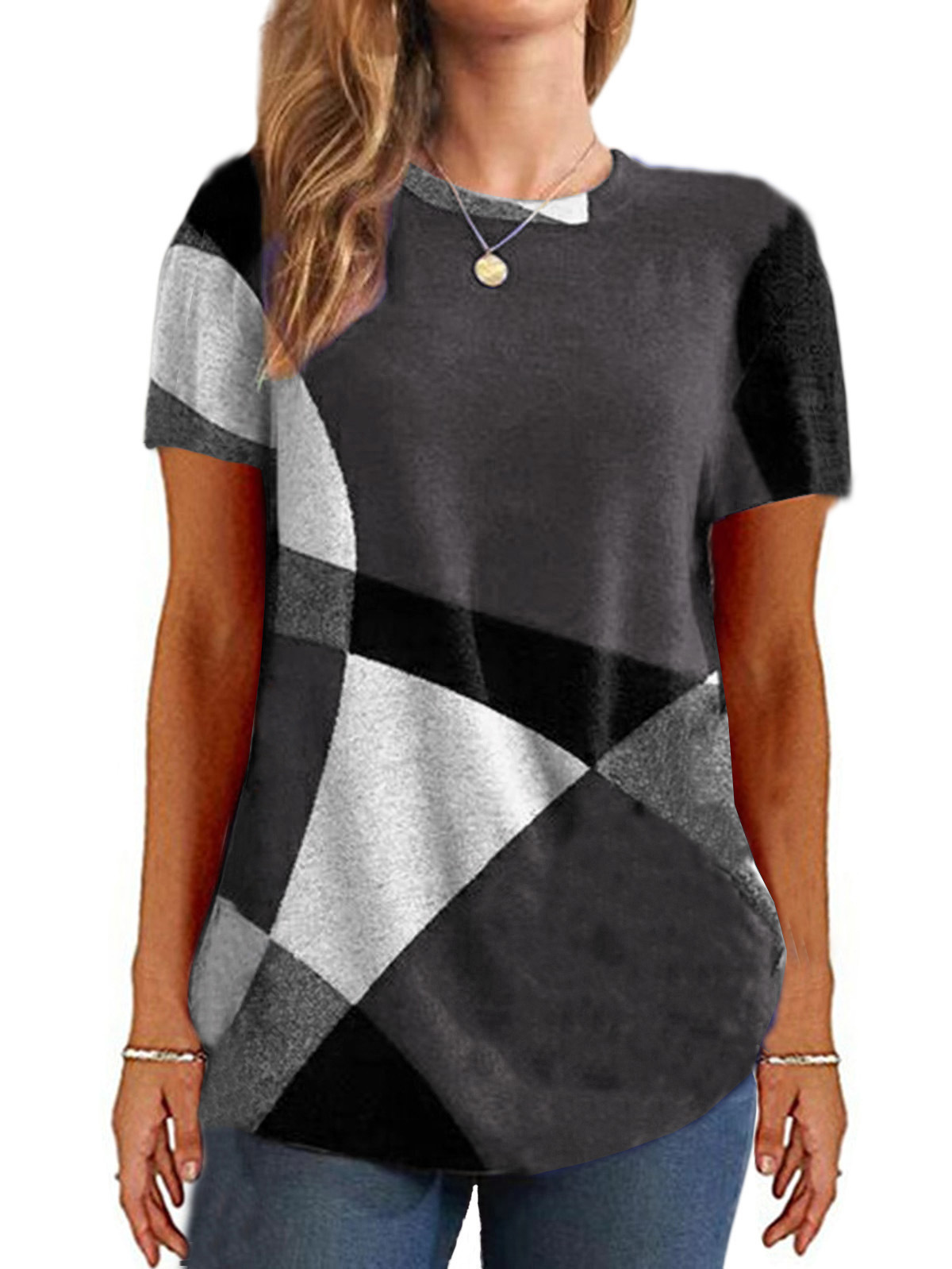 Button Geometric Colorblock Long Sleeve Print Loose T-Shirt Women's Top