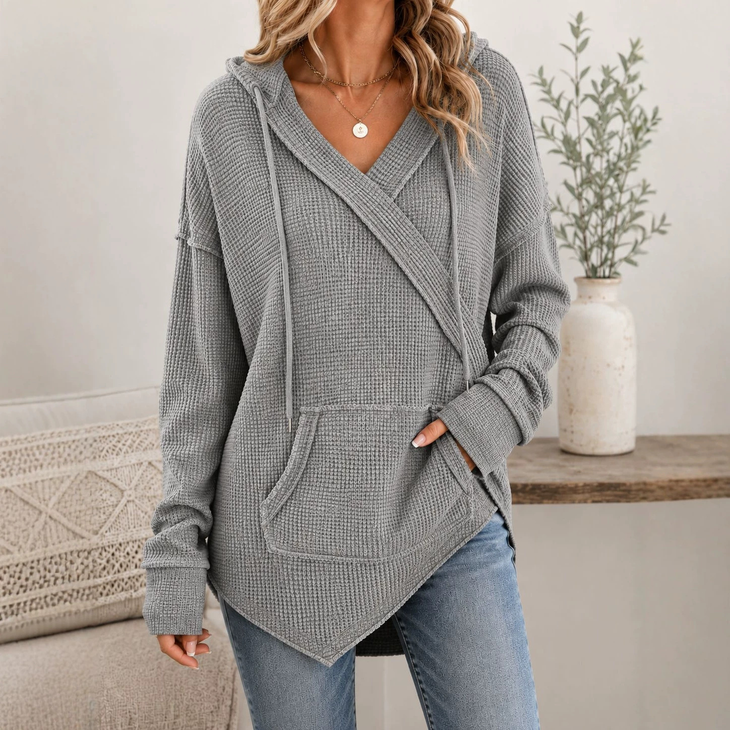Waffle Knit Drawstring Hoodie Casual Pullover