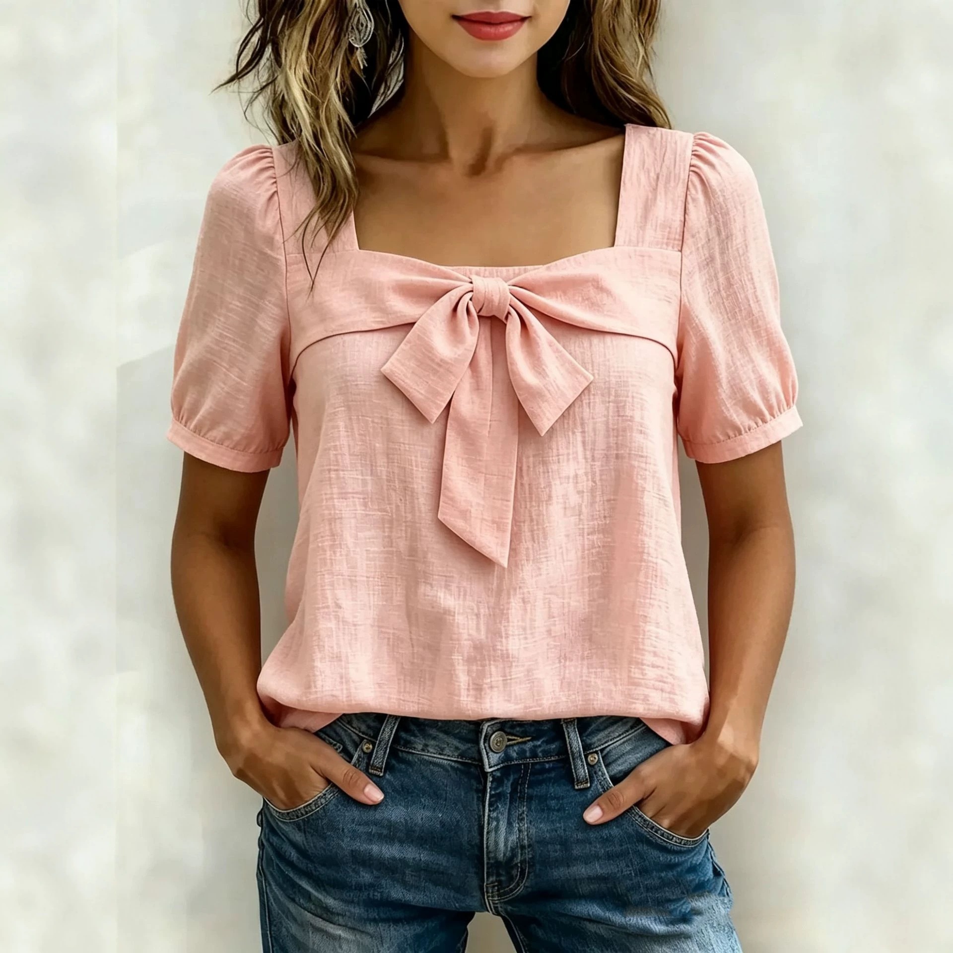 Women's Square Neck Bow Short Sleeve Top