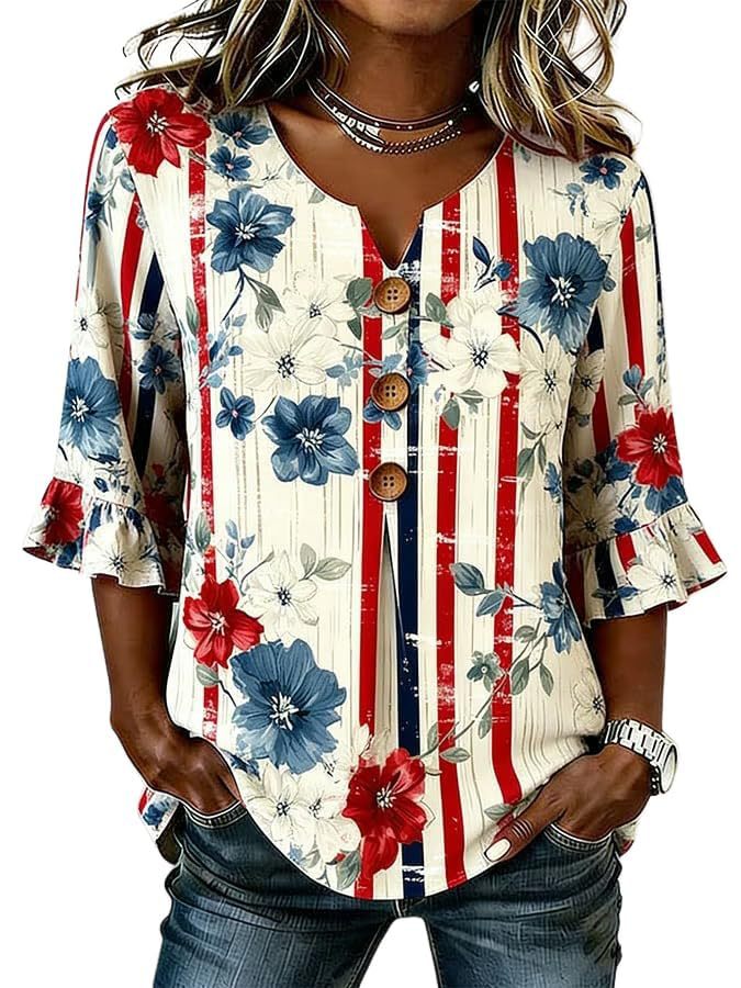Women's American Floral Flag Print V-Neck Half-Sleeve T-Shirt