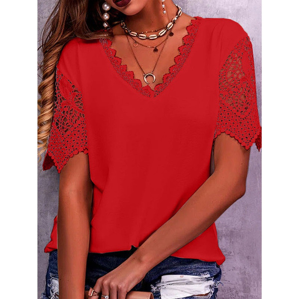 Women's Lace Trim Loose V-Neck Short Sleeve T-Shirt