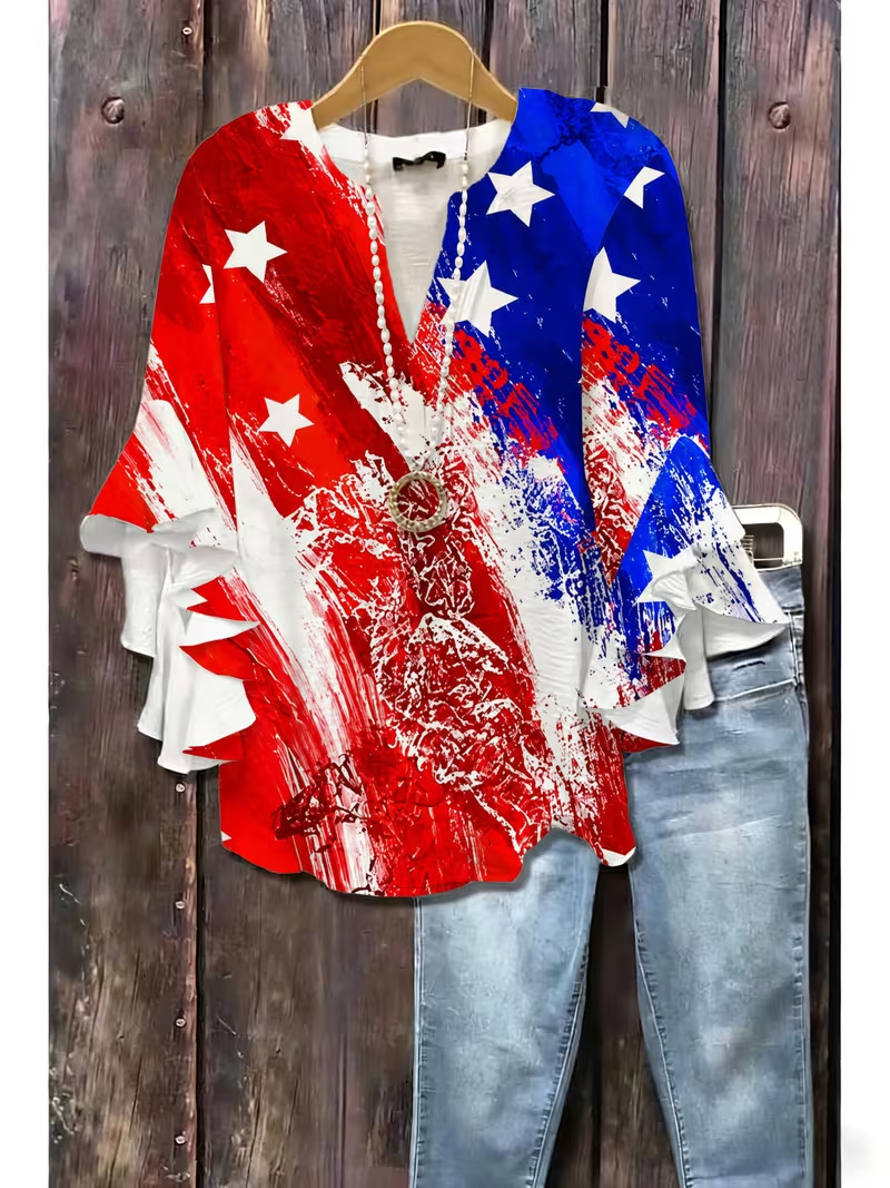 American Flag Print Rolled Sleeve Button Women's Top