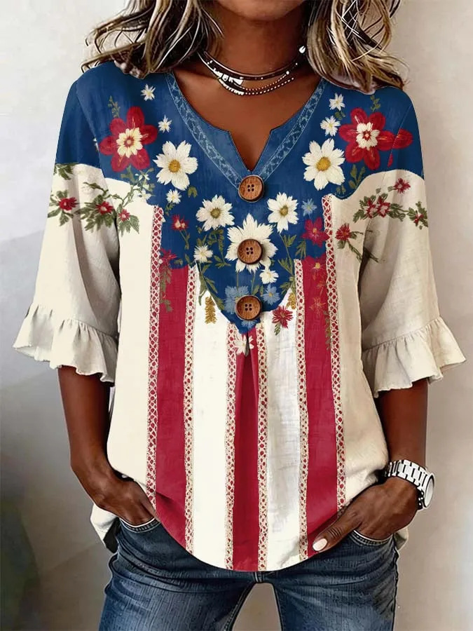 Women's Summer Floral Print Short Sleeve Button-Up Top