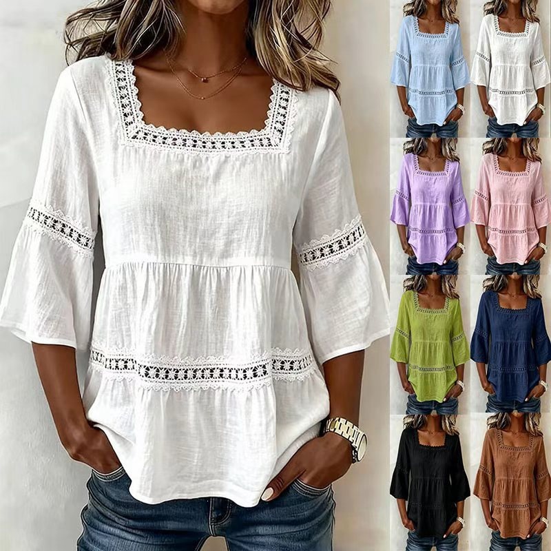Women's Square Neck Cotton-Linen Lace Trim 3/4 Sleeve Top