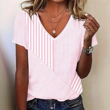 Women's Striped V-Neck Short Sleeve Top