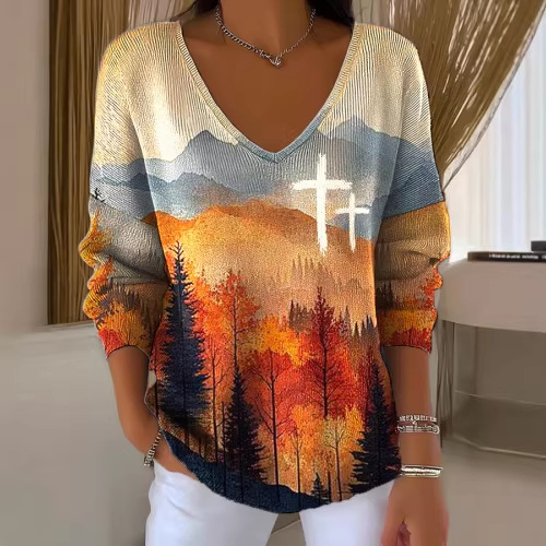 Women's Fruit Letter Valley Print V-Neck Long-Sleeve T-Shirt
