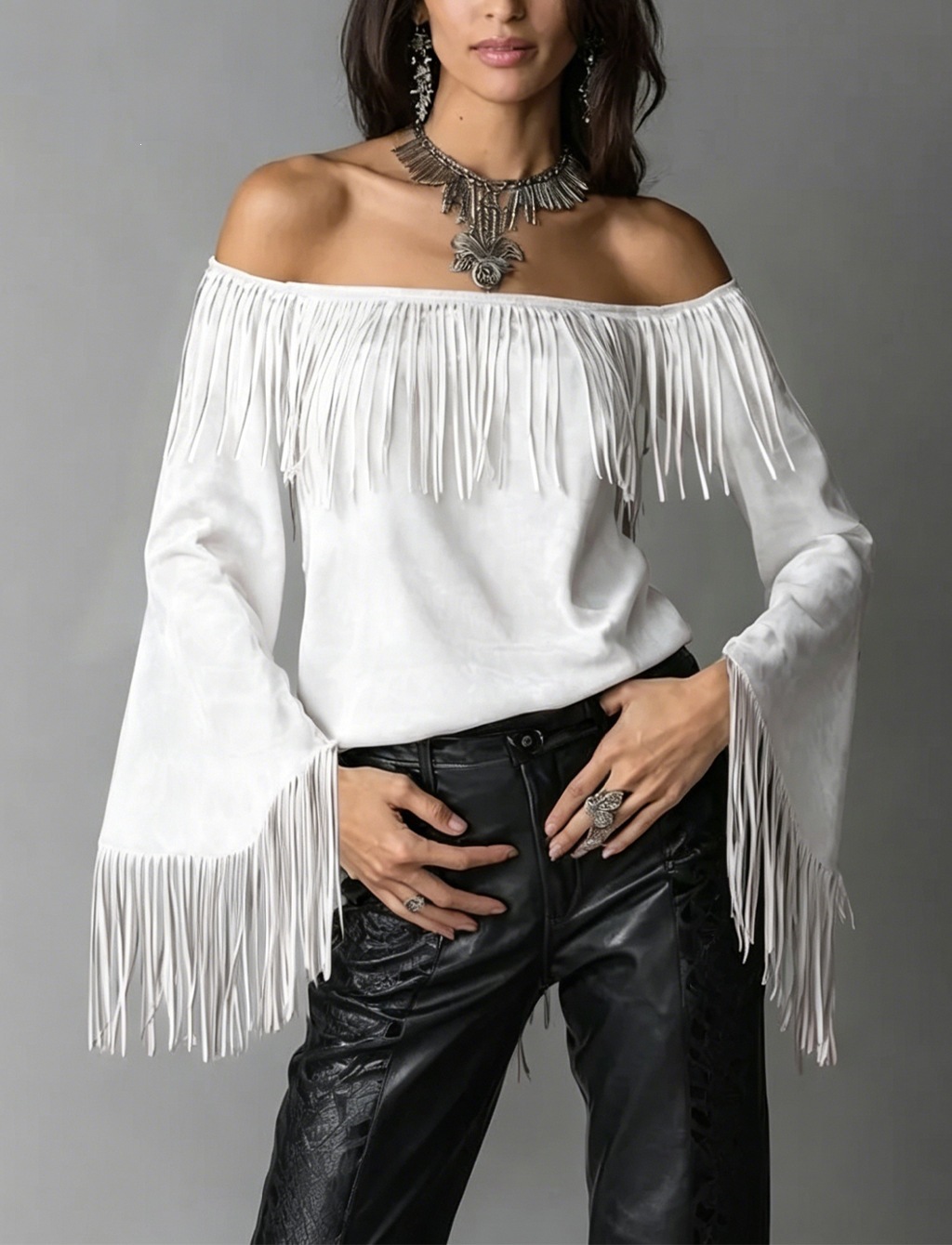 Women's Off-Shoulder Faux Suede Fringe Top with Flared Sleeves