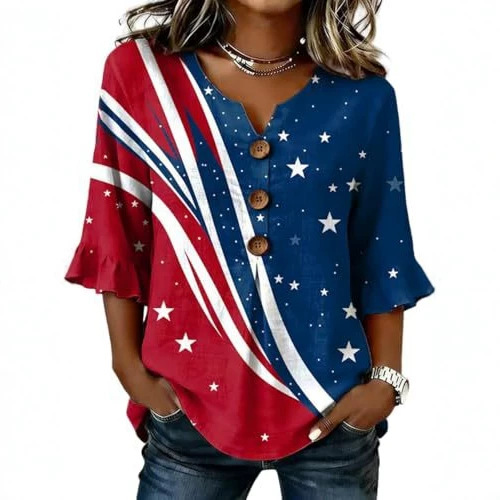 Women's American Floral Flag Print V-Neck Half-Sleeve T-Shirt