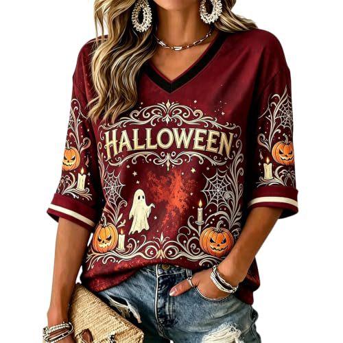 Halloween Pumpkin Shadow Print V-Neck Mid-Sleeve Women's T-Shirt