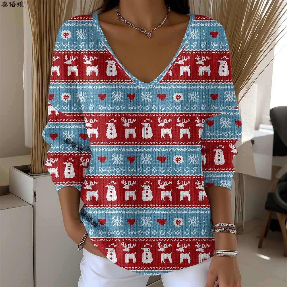 Christmas Snowman Reindeer Bow Print V-Neck Long Sleeve T-Shirt