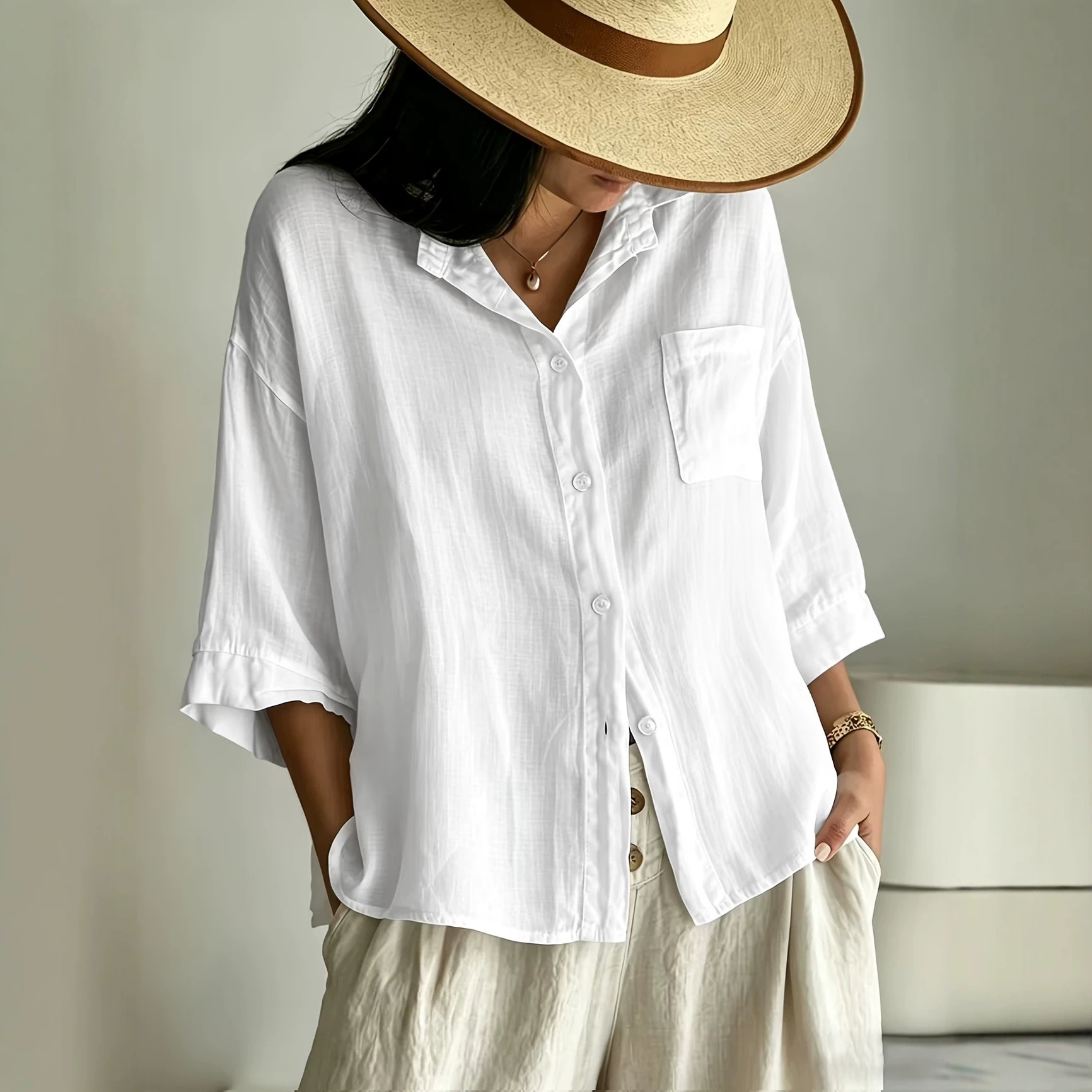 Textured Cotton-Linen Button-Front Shirt with Collar, Chest Pocket, Drop Shoulder, 3/4 Sleeve, Loose Fit