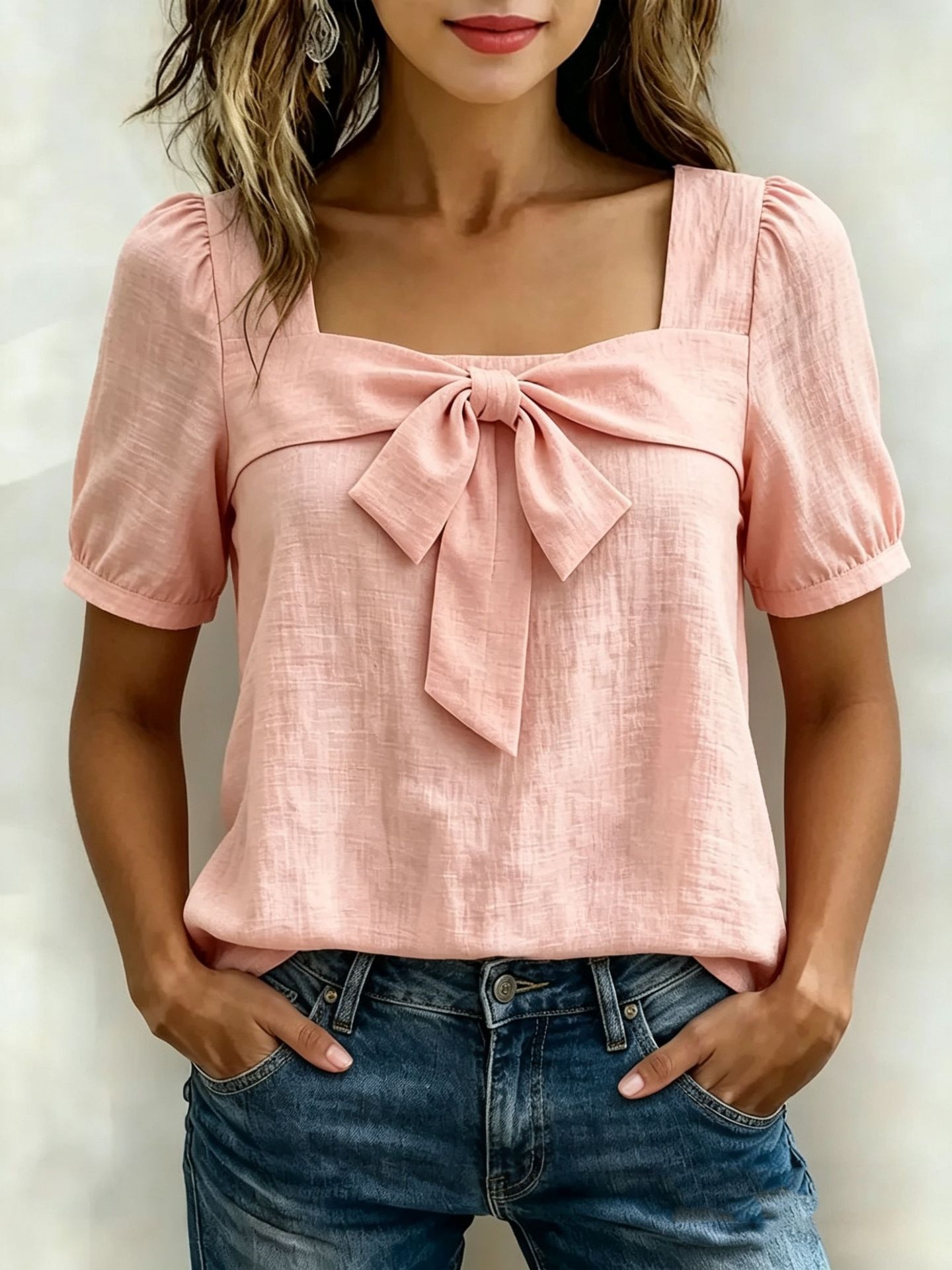 Women's Square Neck Bow Short Sleeve Top