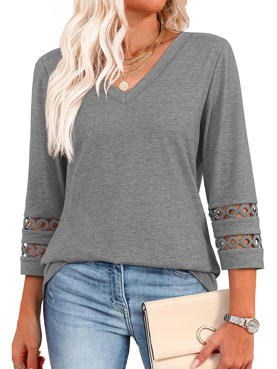Women's Loose V-Neck 3/4 Sleeve Knit Top with Hollow-Out Detail