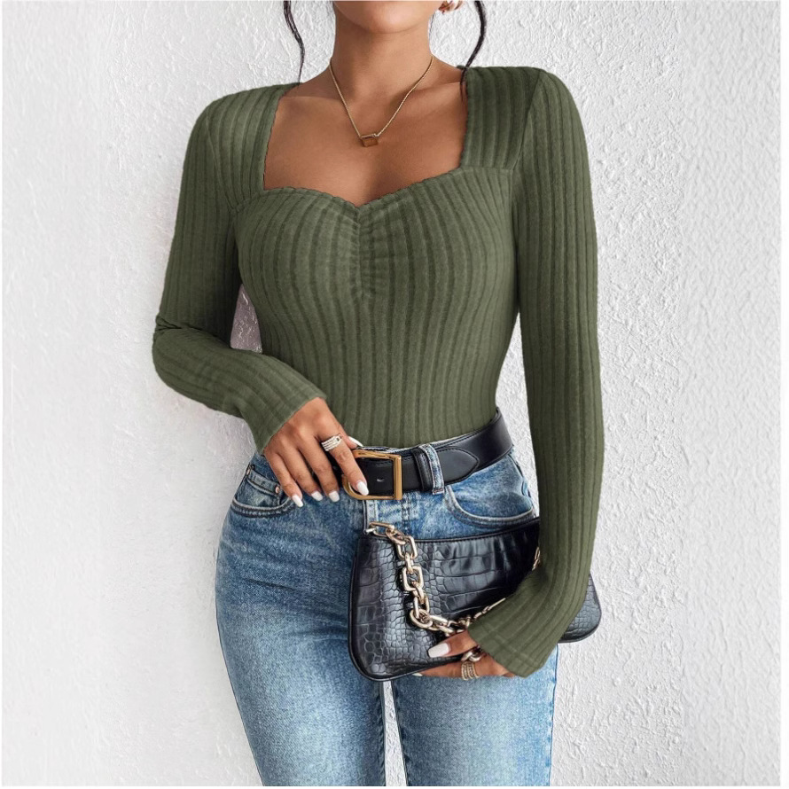Women's Front Ruched Slim Fit Knit Long Sleeve Top