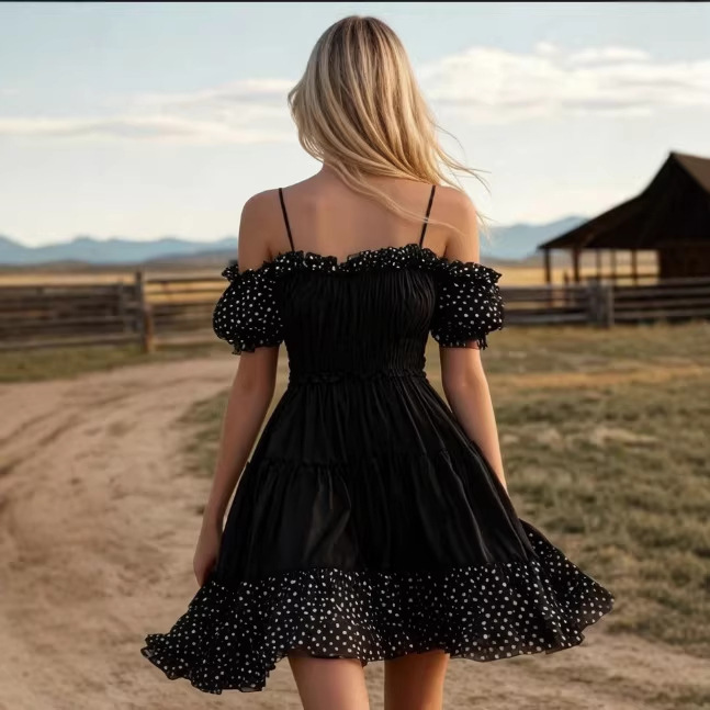 Western Retro Polka Dot Black Spaghetti Strap Short Sleeve Chiffon Mini Dress