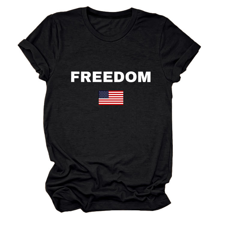 FREEDOM Letter American Flag Print Women's Short Sleeve Top