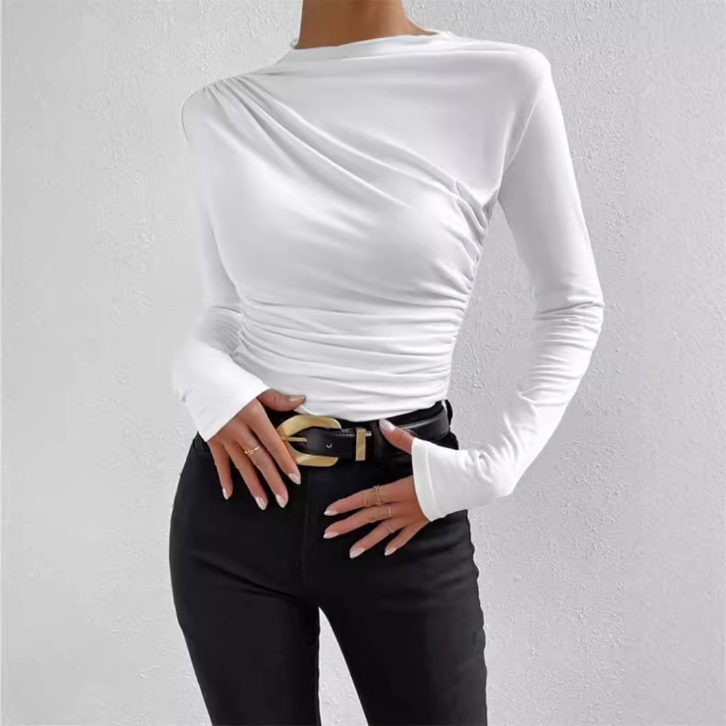 Women's Solid Color Slim Fit Pleated Long Sleeve Top