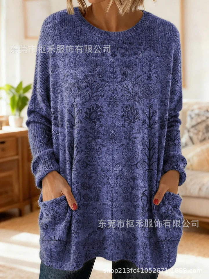Floral Print Long Sleeve Chunky Knit Top