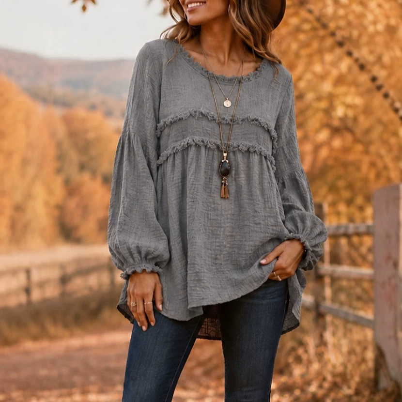 Fringed Trim Patchwork Long Sleeve Casual Top