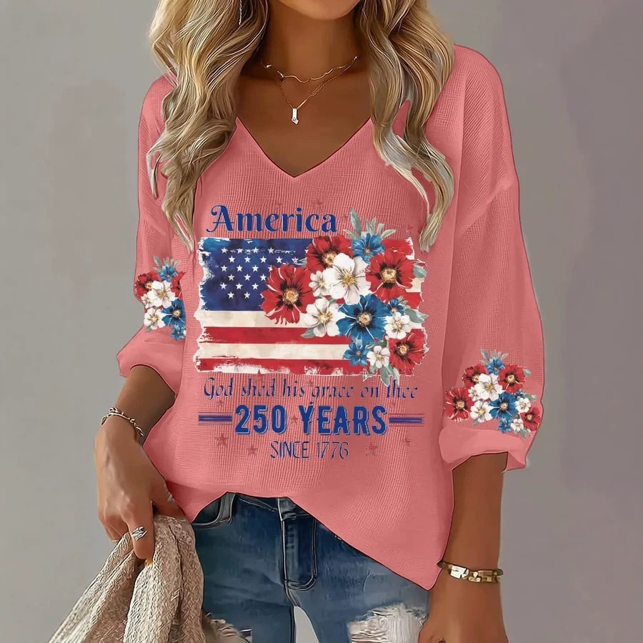 Women's Summer V-Neck American Eagle Flag Print Short Sleeve T-Shirt