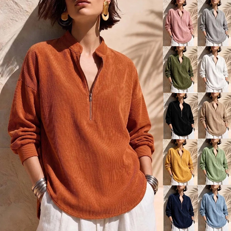 Women's Solid Corduroy Stand Collar Long Sleeve Loose Casual Top