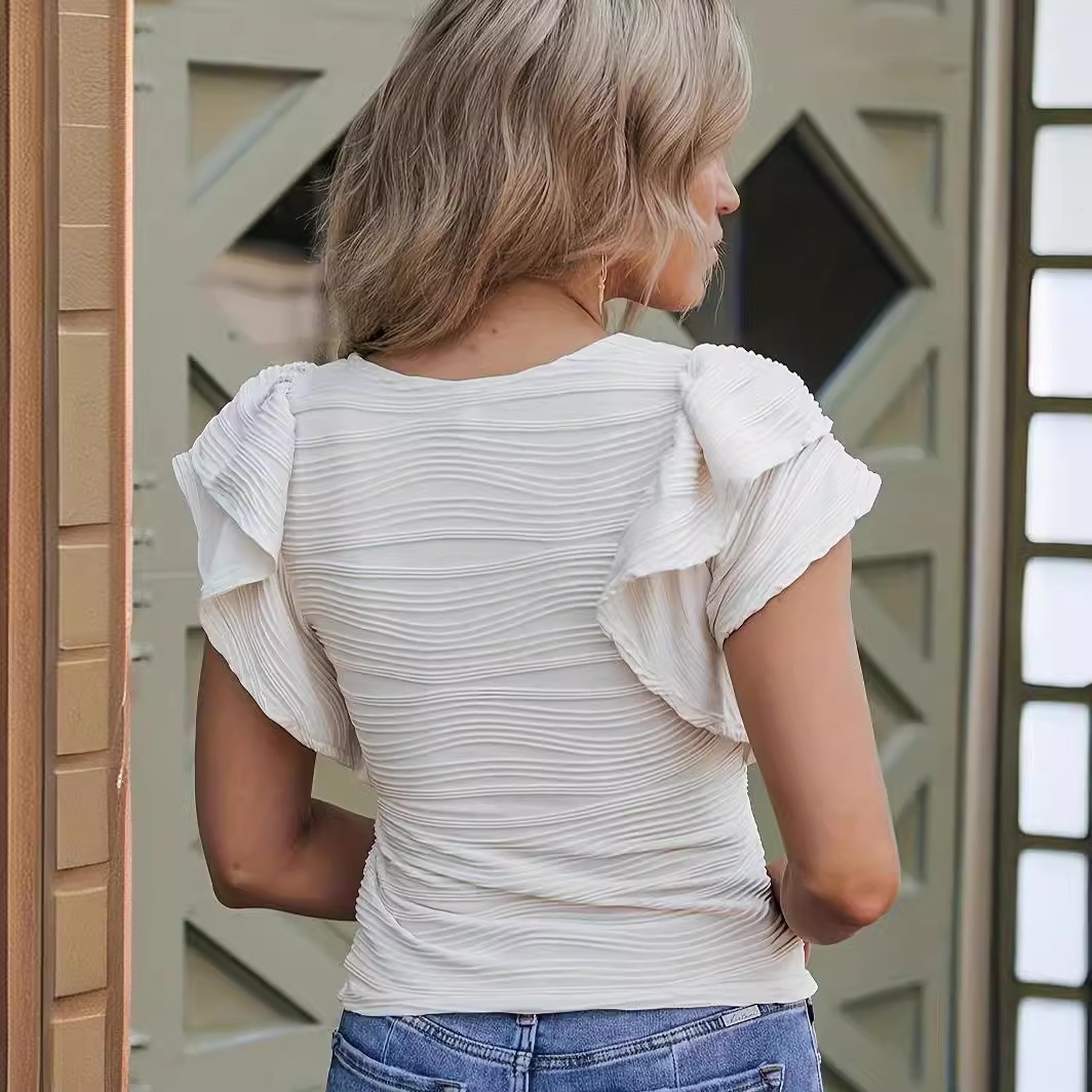 Women's Textured Ruffle Short Sleeve Crew Neck T-Shirt
