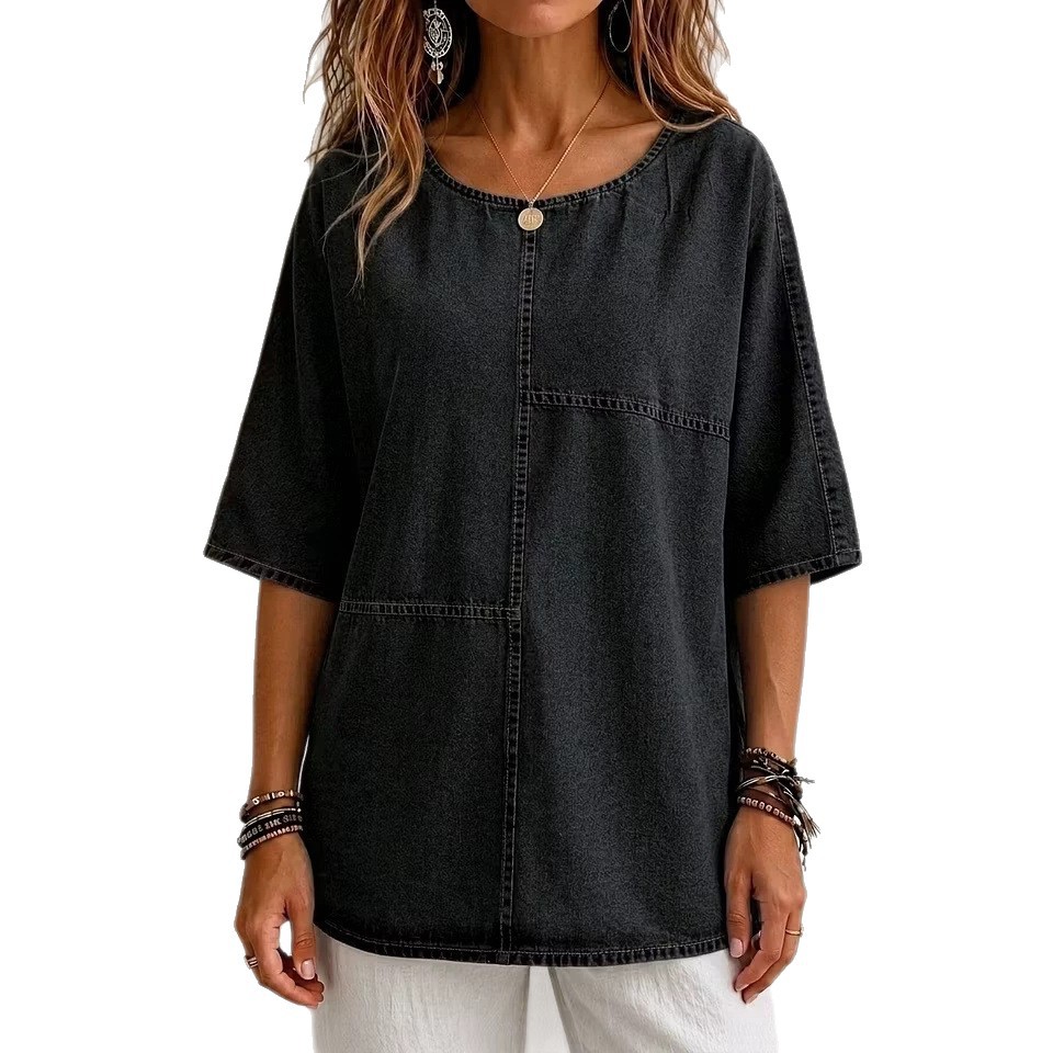 Women's Mid-Sleeve Patchwork Denim Top Casual T-Shirt