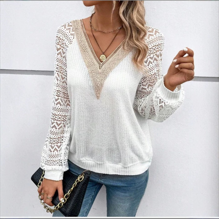 Long Sleeve V-Neck Lace Panel Sheer Casual T-Shirt