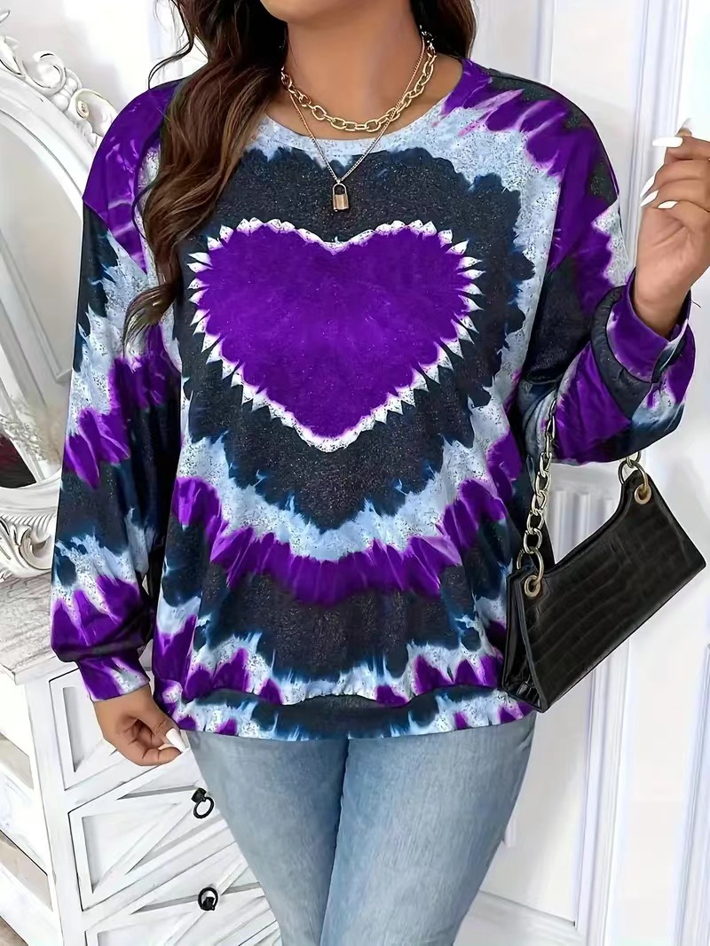 Women's Plus Size Long Sleeve 3D Heart Print Loose Casual Top