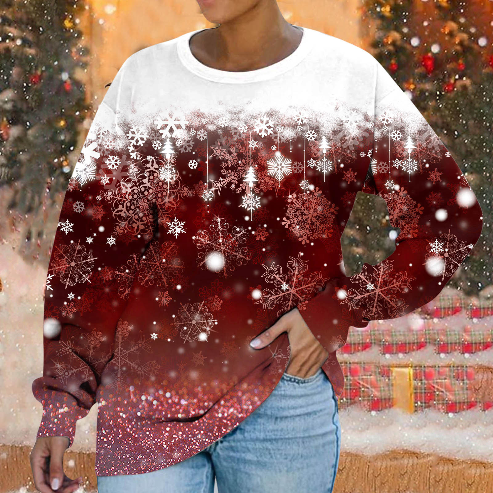Christmas Snowflake Print Loose Crewneck Sweatshirt