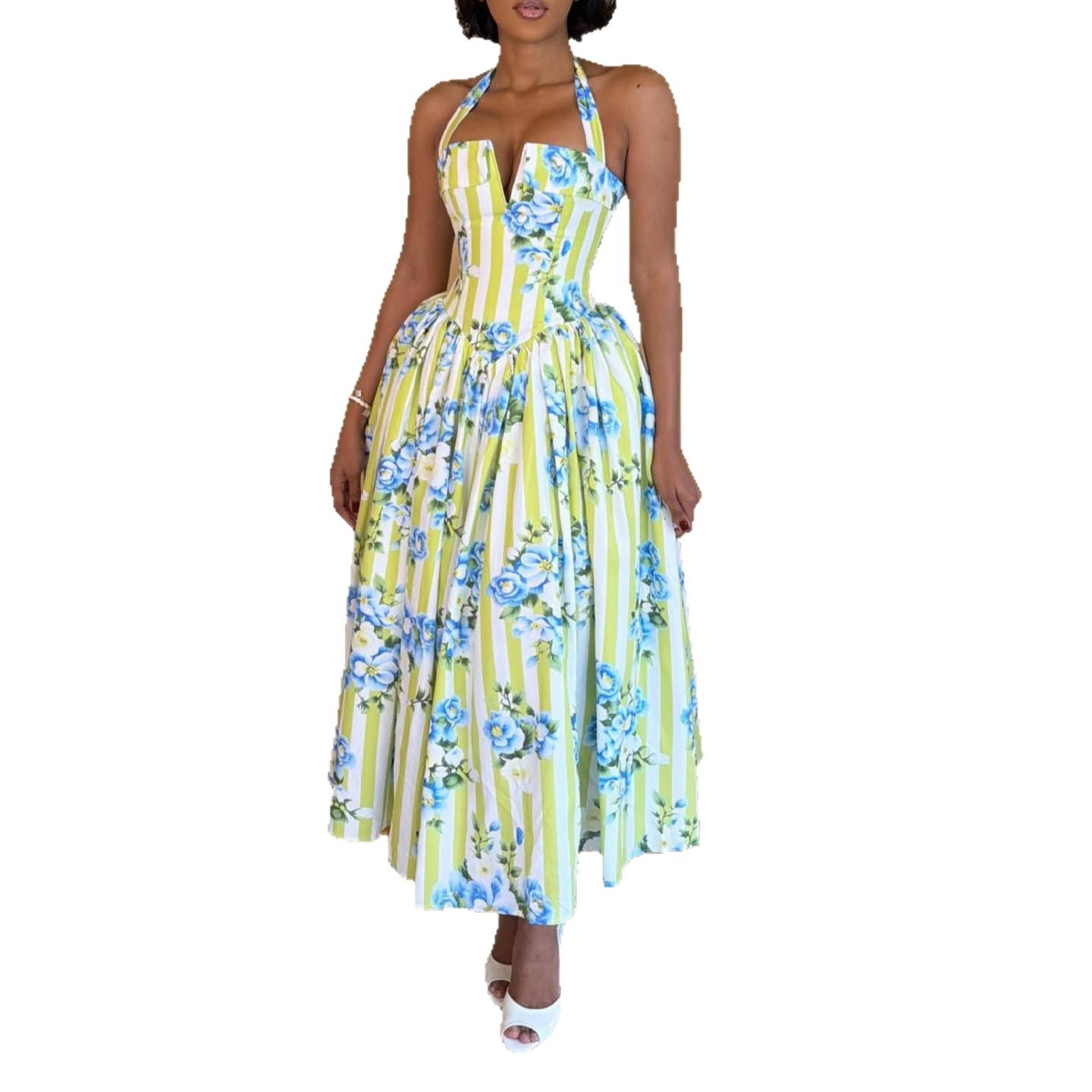 Elegant Halter Neck Floral Print Dress with Cinched Waist